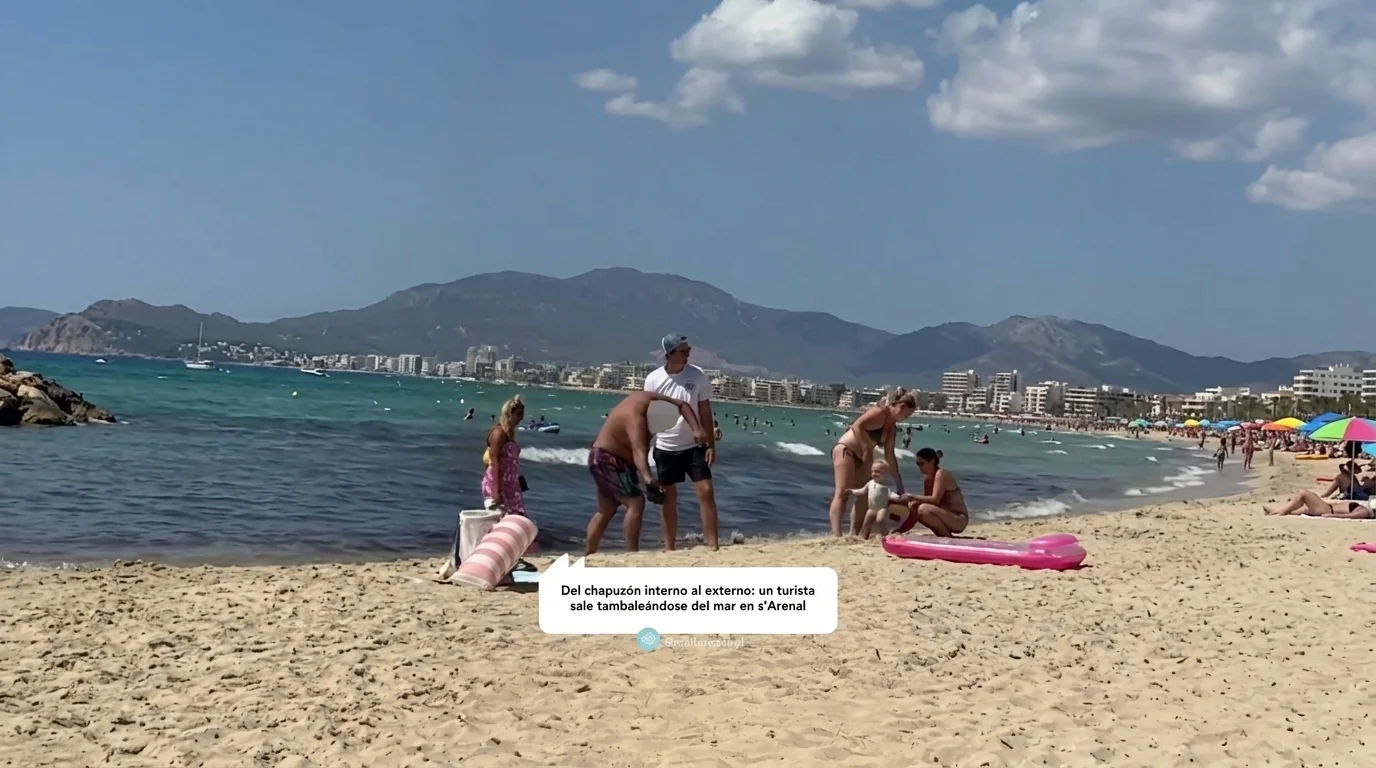 Del chapuzón interno al externo: un turista sale tambaleándose del mar en s'Arenal