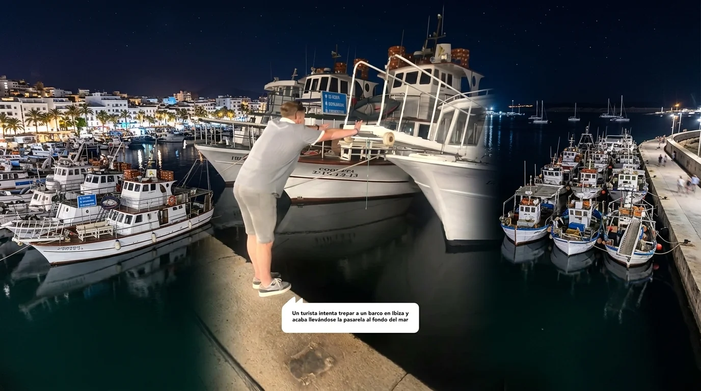 Un turista intenta trepar a un barco en Ibiza y acaba llevándose la pasarela al fondo del mar