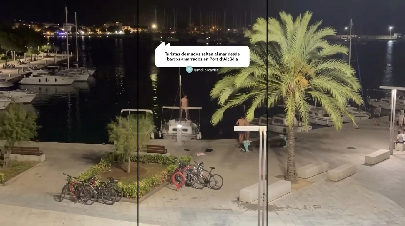 Turistas desnudos saltan al mar desde barcos amarrados en Port d'Alcúdia