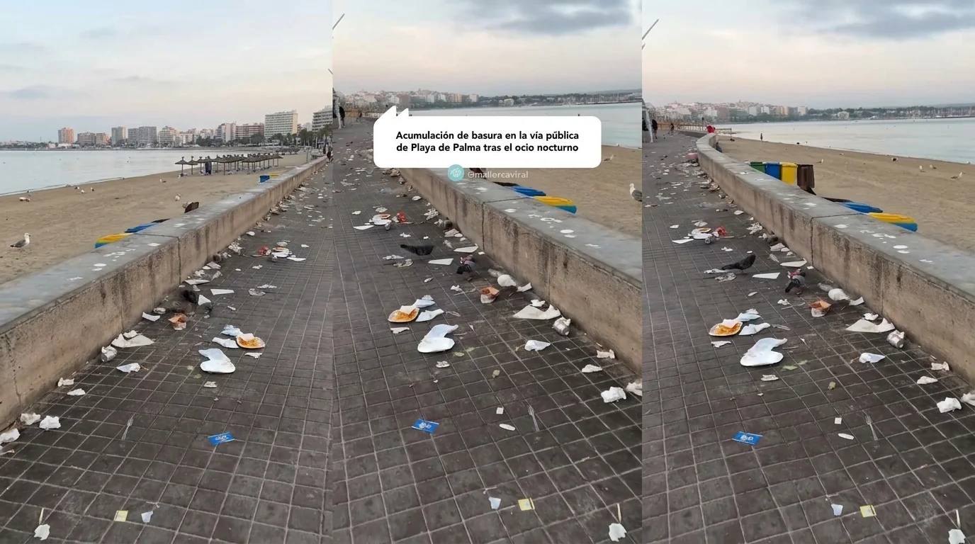 Acumulación de basura en la vía pública de Playa de Palma tras el ocio nocturno